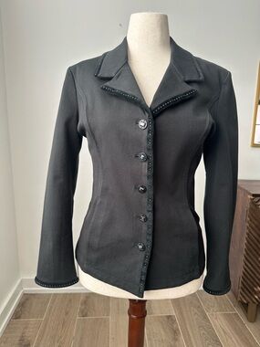 St. John Sport by Marie Gray Black Fitted Notch Collar Blazer with Beaded Trim